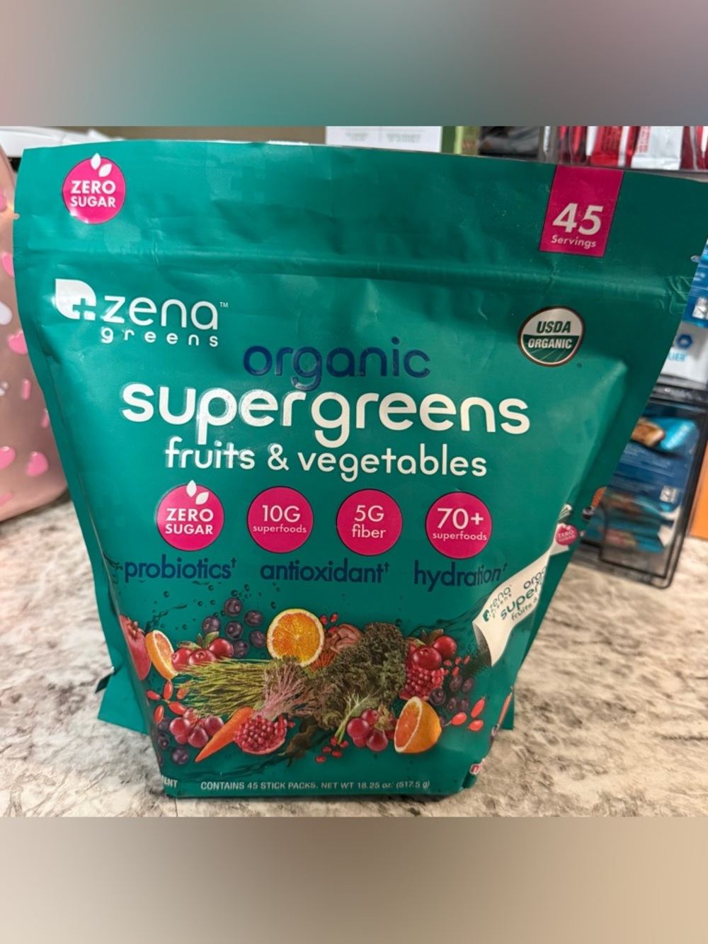 Zena Organic Super Greens, 70+ Superfoods, 0 Sugar, 5G Fiber. 45 packets